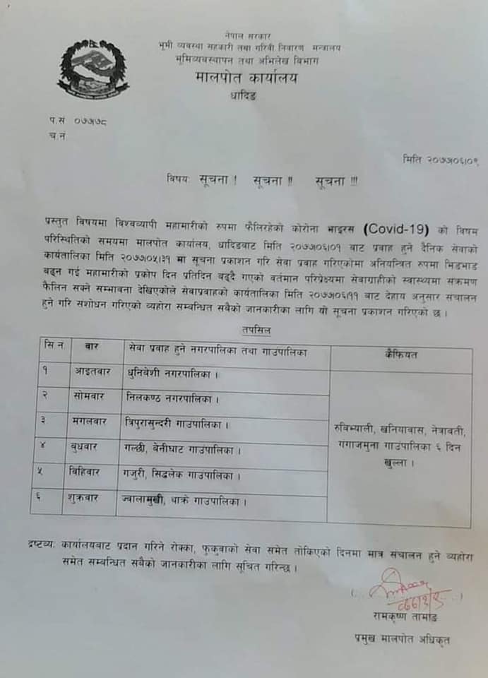 मालपोत कार्यलय धादिङकोे बार अनुसारको सेवा