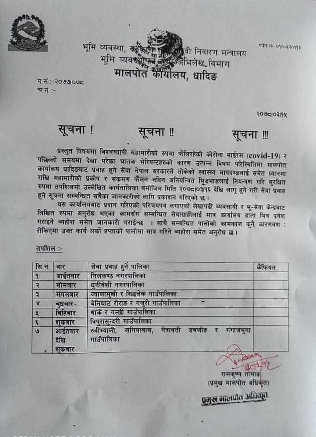 मालपोत कार्यालय धादिङले बार अनुसार सेवा प्रवाह गर्ने