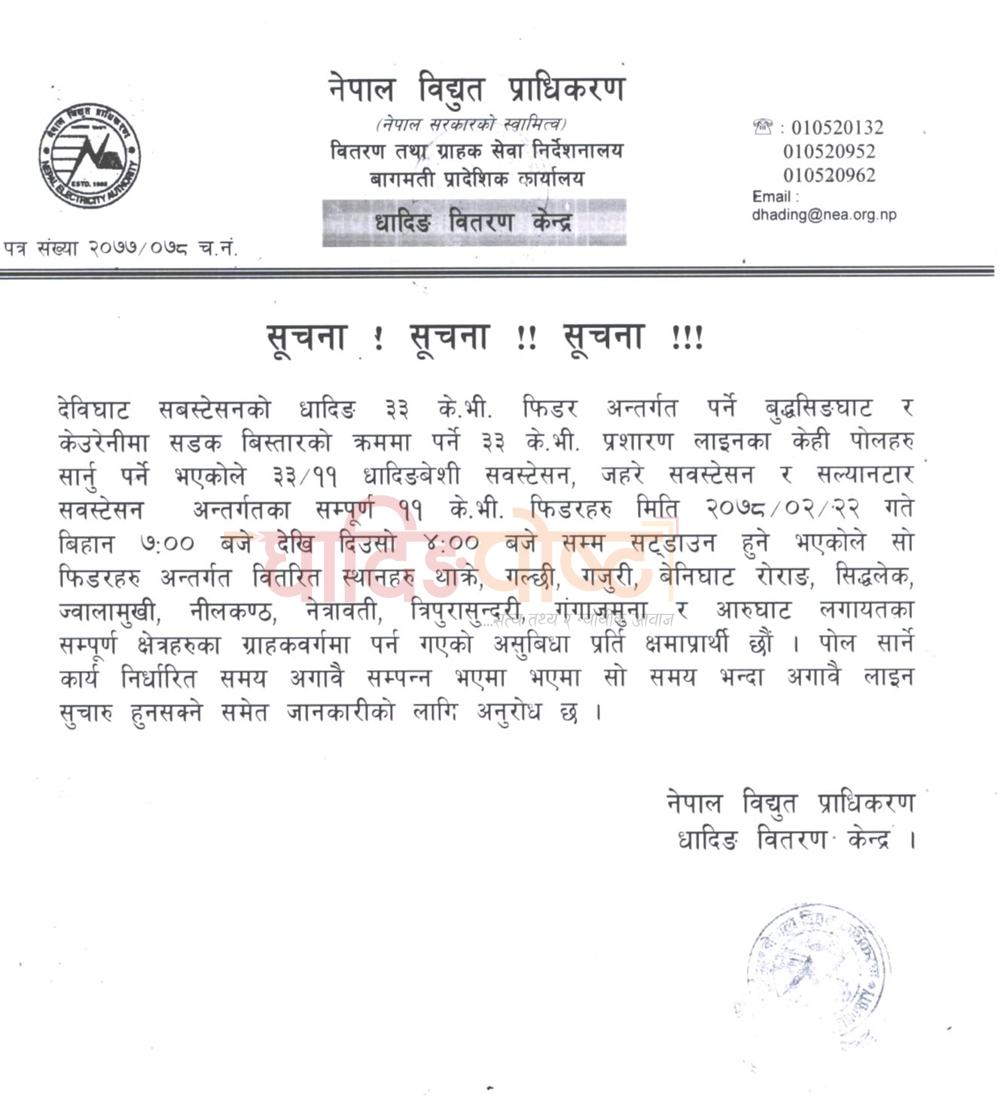 धादिङमा भोली शनिबार विद्युत आपूर्ती बन्द हुने