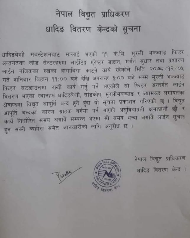भोली धादिङका विभिन्न स्थानमा विद्युत सेवा अवरुद्ध हुने