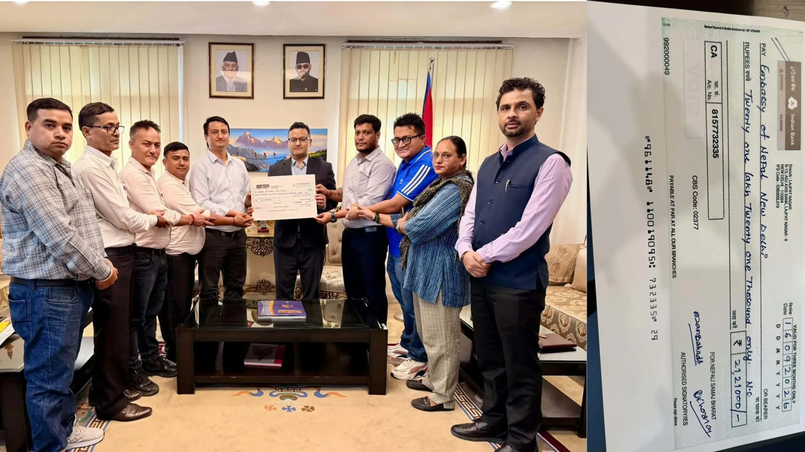 नेपाली समाज भारतद्वारा बाढीपीडित राहत कोषमा २१ लाख २१ हजार सहयोग