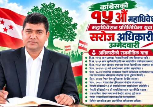 कांग्रेसको १५ औँ महाधिवेशनः महाधिवेशन प्रतिनिधिमा युवा नेता सरोज अधिकारीको उम्मेदवारी