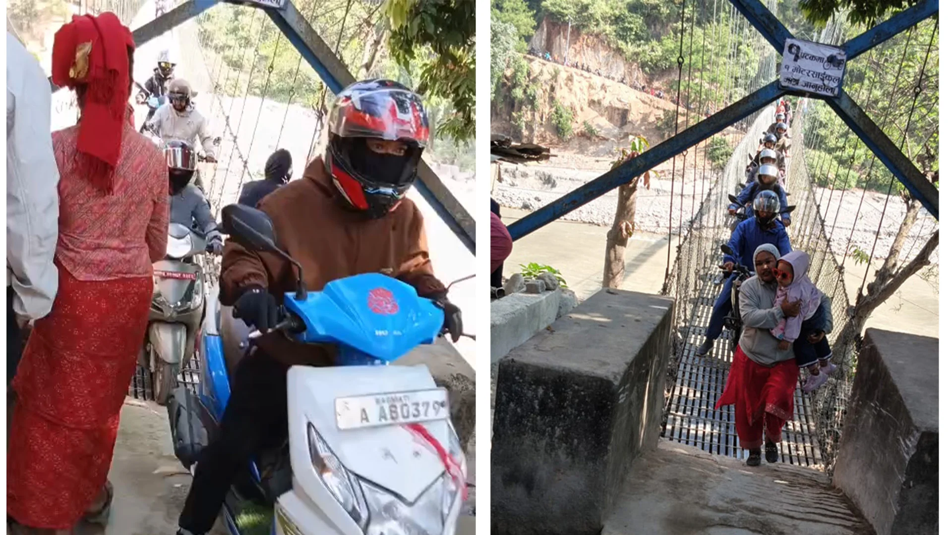 मलेखुको झोलुङ्गे पुलमा मोटरसाइकलको चाप, पैदलयात्रुलाई समेत सास्ती